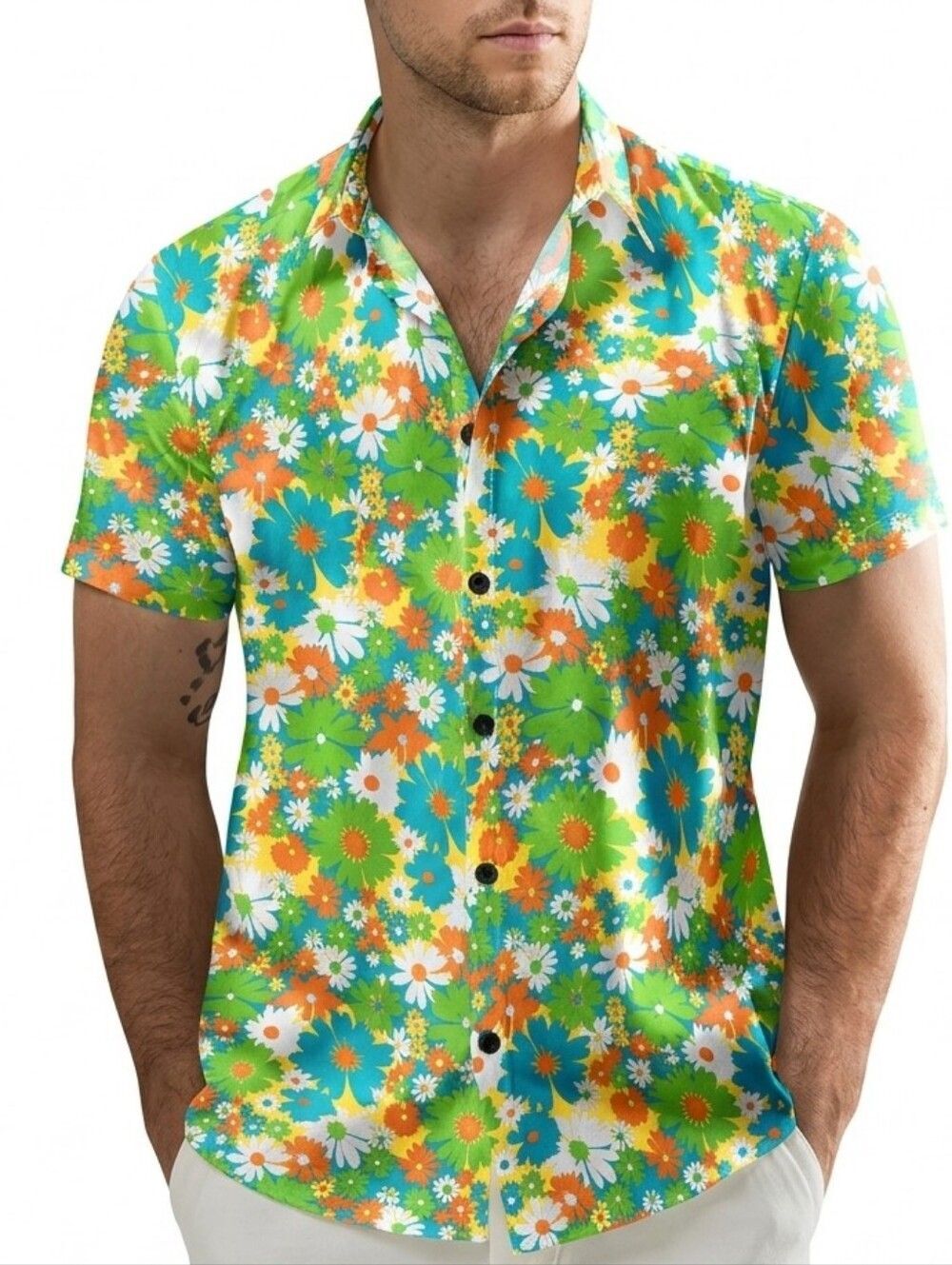 Jogal green orange flower print button front short sleeve bold party funky shirt